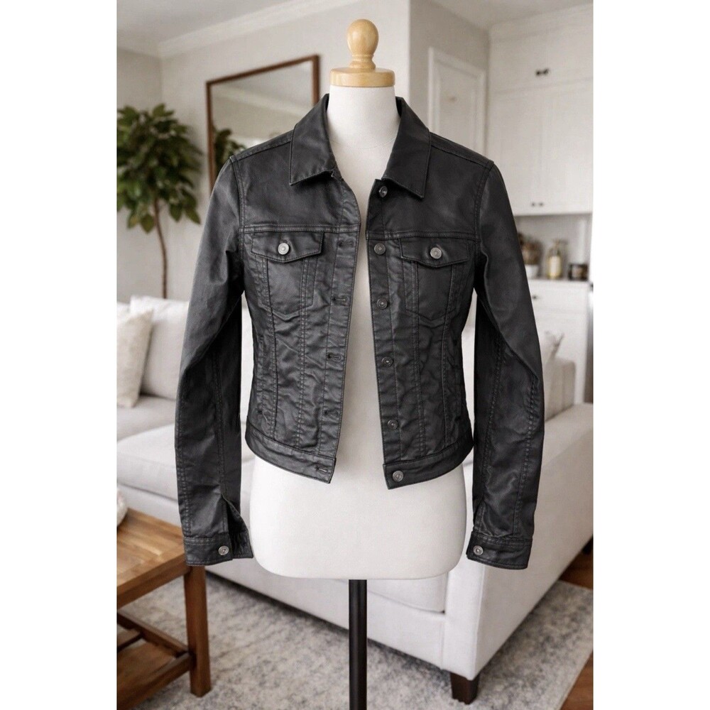 Garnet Hill Black Button Up Pockets Denim Look Moto Motorcycle Jacket Women’s 4